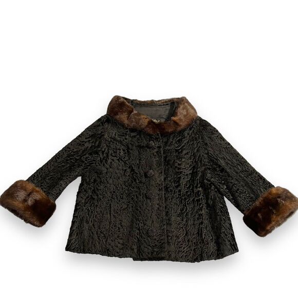 Vintage 50s MOD Persian Lamb And Brown Mink Fur Collar Short Jacket Coat Small - Picture 1 of 15